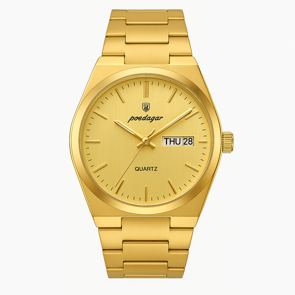 POEDAGAR Gold Plated Bracelet Strap Day Date Watch